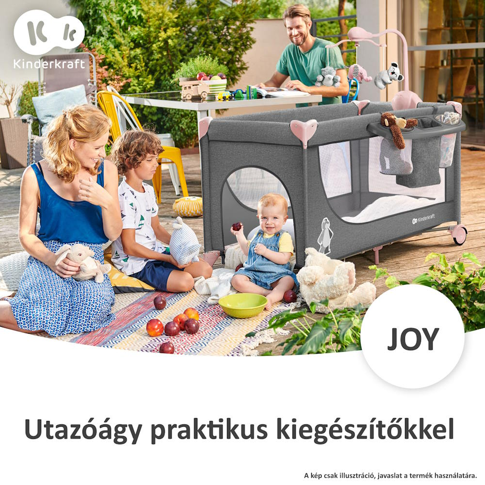 Kinderkraft utazóágy Joy kiegészítőkkel szürke-pink