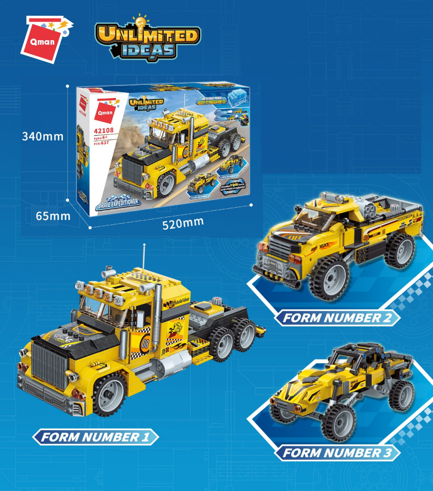 QMAN® 42108 | lego-kompatibilis építőjáték | 637 db építőkocka | 3-az-1-ben Csőrös kamion, Pick-up vagy Cross-autó – felhúzhatóak