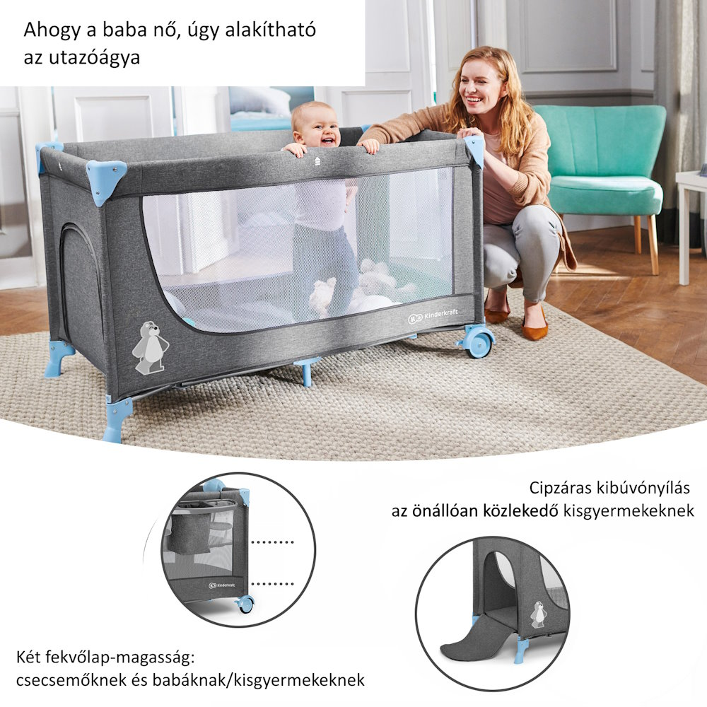 Kinderkraft utazóágy Joy kiegészítőkkel szürke-kék