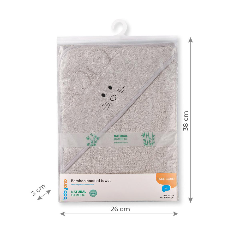 BabyOno fürdőlepedő kapucnis bambusz 100x100cm egérfülekkel szürke 1553/03
