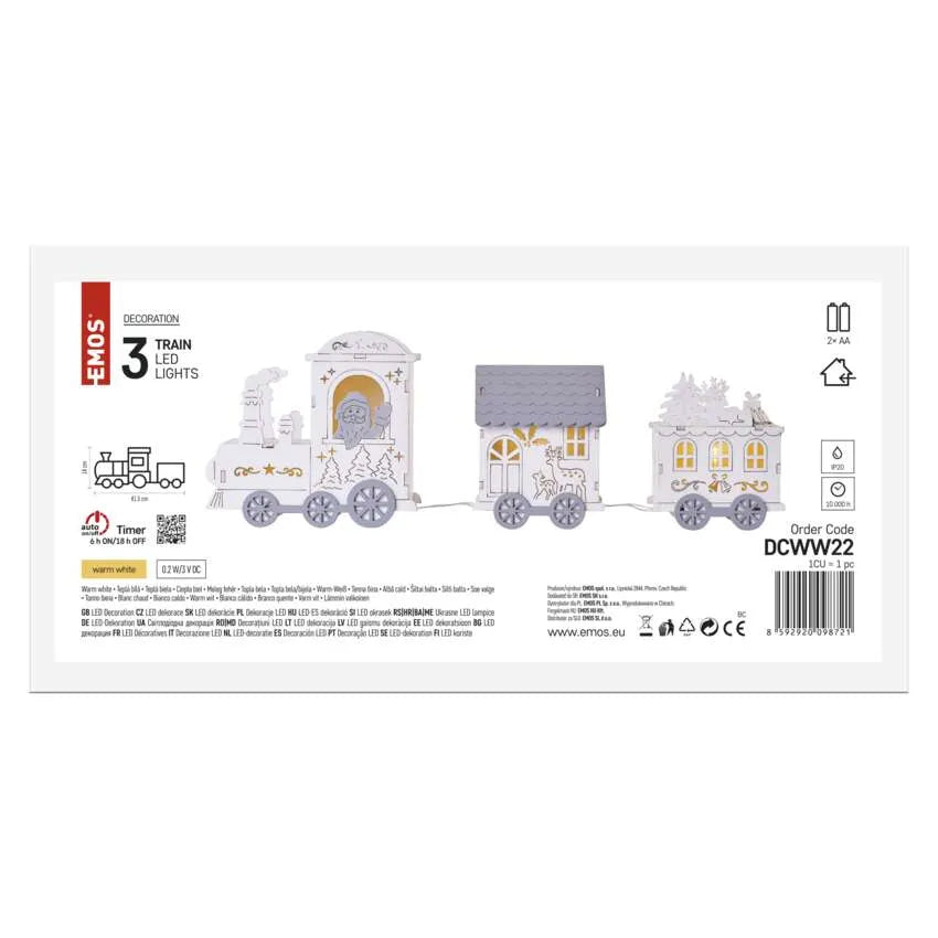 LED dekoráció, fa – vonat, 2x AA, 14 cm, beltéri, meleg fehér, időzítő