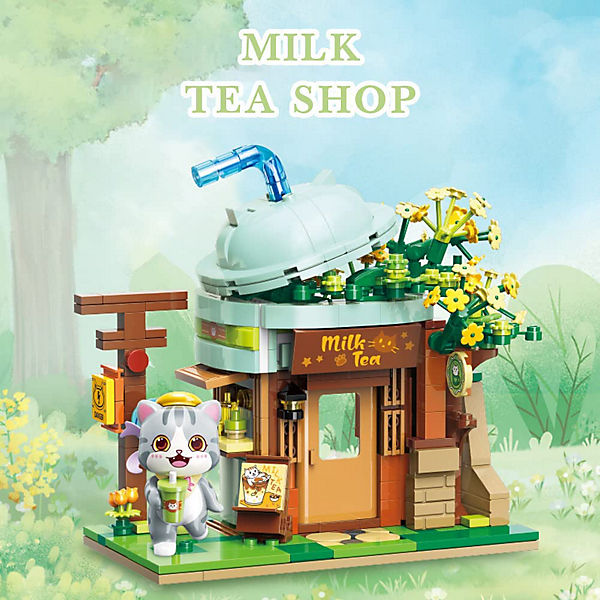 QMAN® K28007 Keeppley | lego-kompatibilis építőjáték | 411 db építőkocka| Ash macska Milk tea shopja