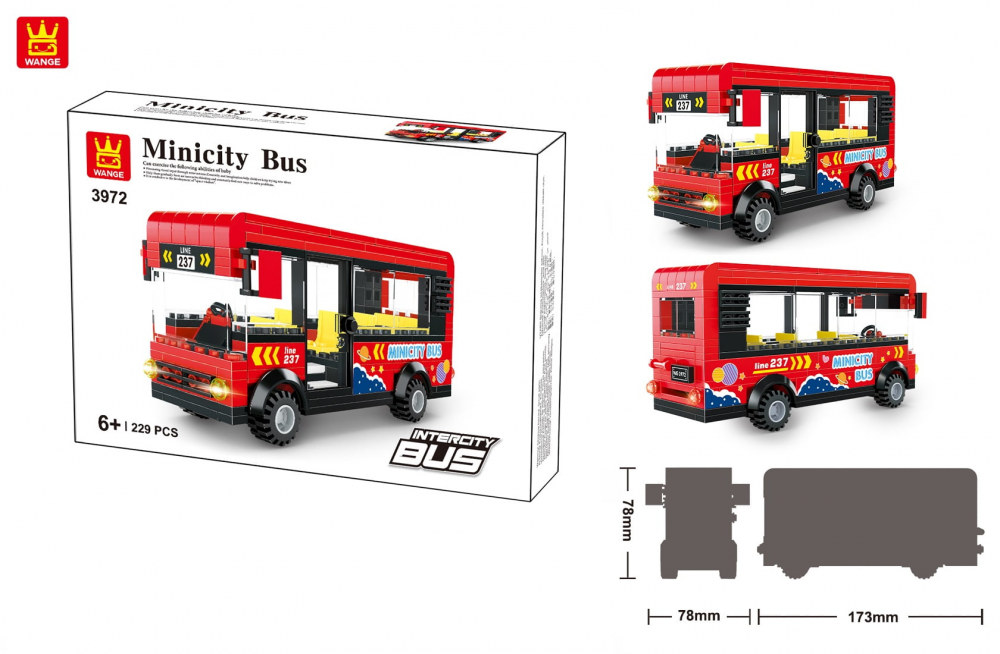 WANGE® 3972 | legó-kompatibilis építőjáték | 229 db építőkocka | Intercity piros busz