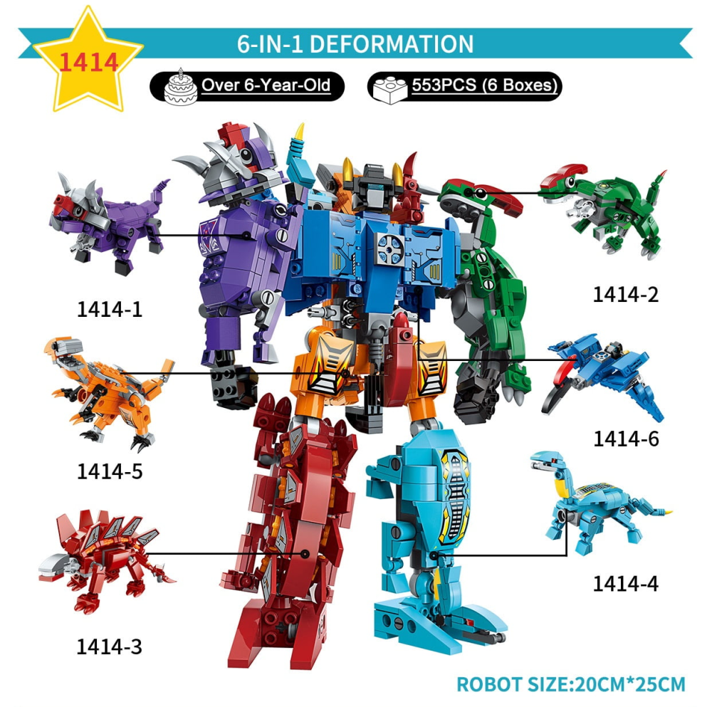 QMAN® 1414 | legó-kompatibilis építőjáték | 553 db építőkocka | 6 az 1-ben Sura Mecha a dinoszaurusz transformer