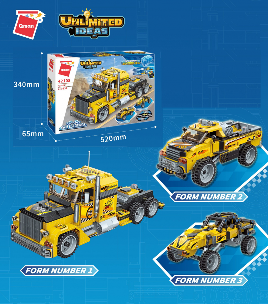 QMAN® 42108 | lego-kompatibilis építőjáték |  637 db építőkocka | 3-az-1-ben Csőrös kamion, Pick-up vagy Cross-autó – felhúzhatóak