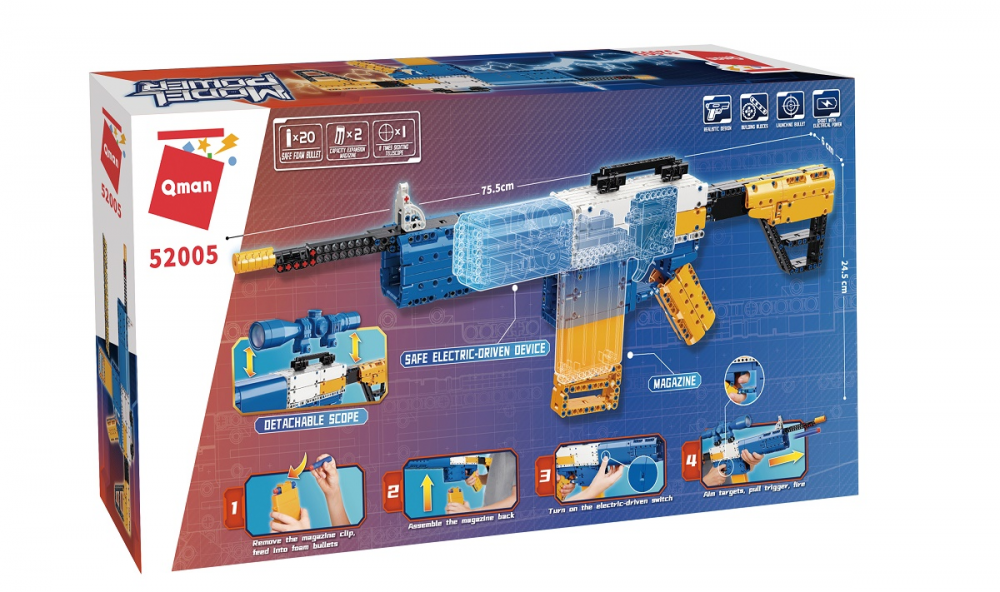 QMAN® 52005 | lego-technic-kompatibilis építőjáték | 629 db építőkocka | M4 gépkarabély automata puska – 8x-os nagyítású távcsővel, 2 tárral, 20db szivacs tölténnyel